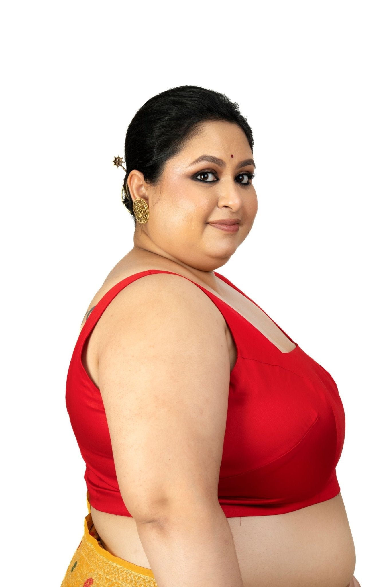 Red Square Neck Sleeveless Cotton Silk Blouse with Back Cutout - Anvi Couture