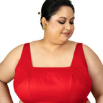 Red Square Neck Sleeveless Cotton Silk Blouse with Back Cutout - Anvi Couture