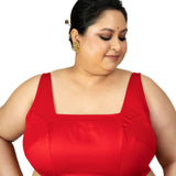 Red Square Neck Sleeveless Cotton Silk Blouse with Back Cutout - Anvi Couture