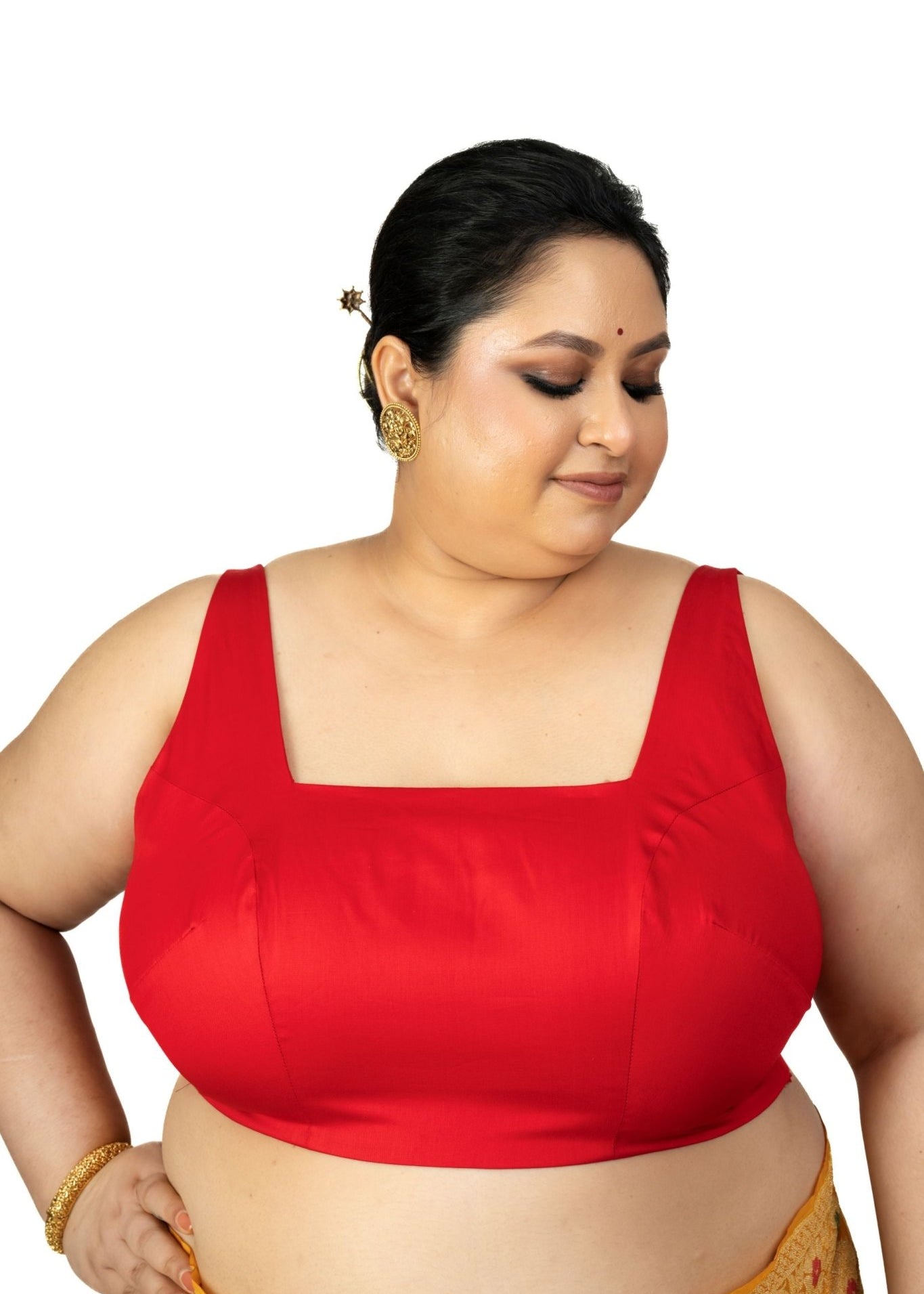 Red Square Neck Sleeveless Cotton Silk Blouse with Back Cutout - Anvi Couture