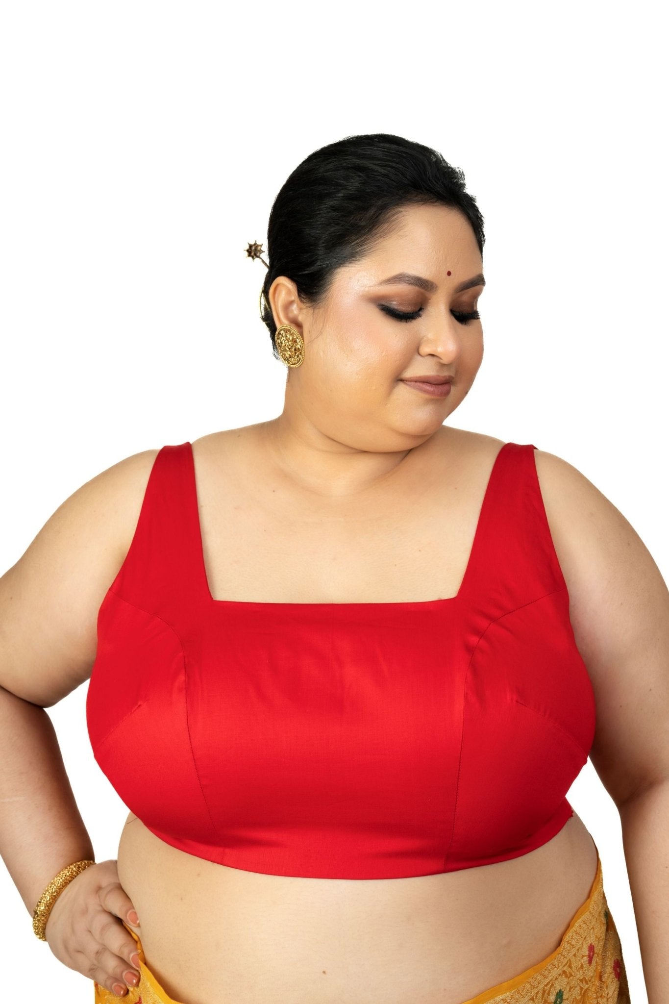 Red Square Neck Sleeveless Cotton Silk Blouse with Back Cutout - Anvi Couture