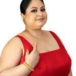 Red Square Neck Sleeveless Cotton Silk Blouse with Back Cutout - Anvi Couture