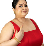 Red Square Neck Sleeveless Cotton Silk Blouse with Back Cutout - Anvi Couture