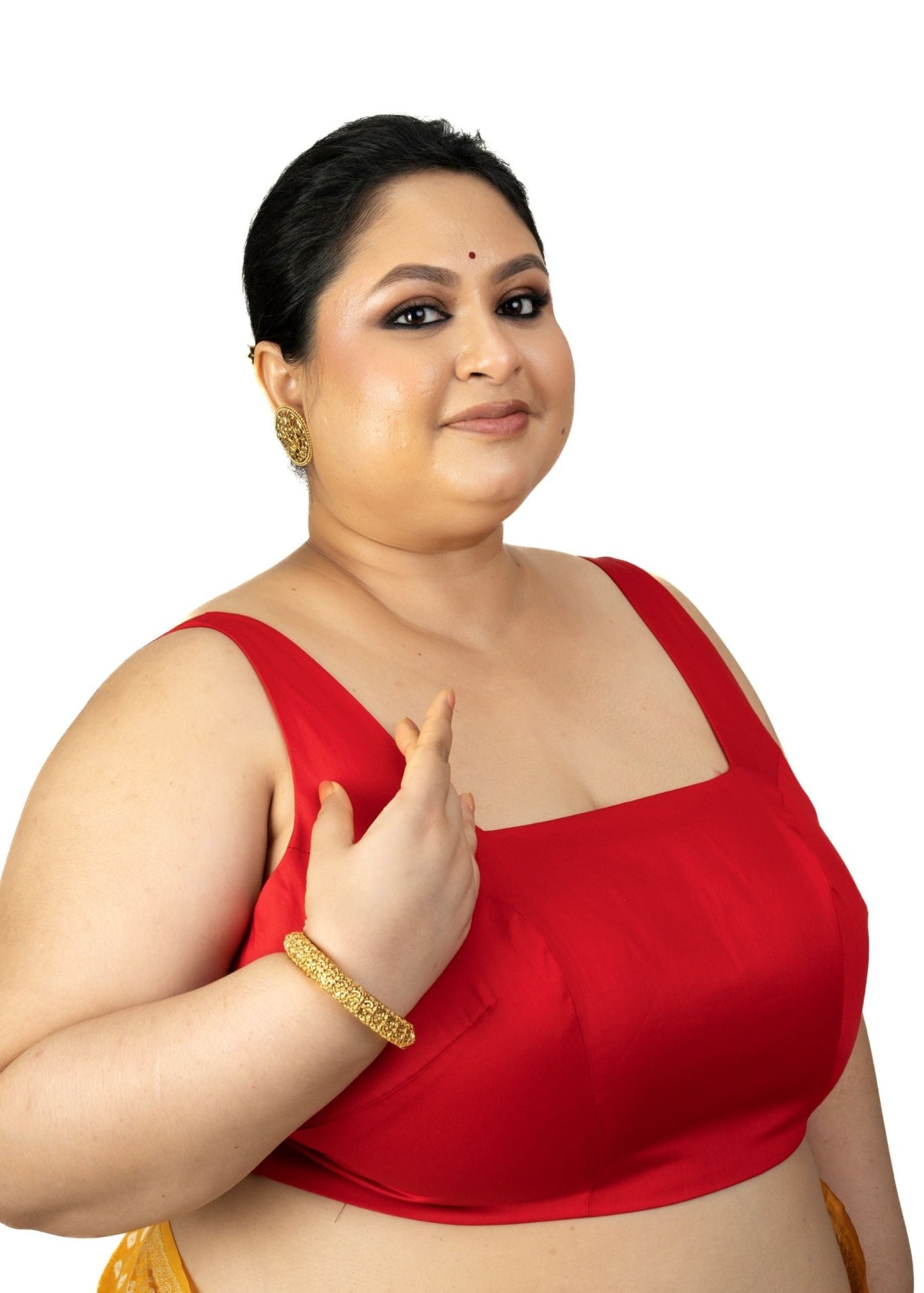 Red Square Neck Sleeveless Cotton Silk Blouse with Back Cutout - Anvi Couture