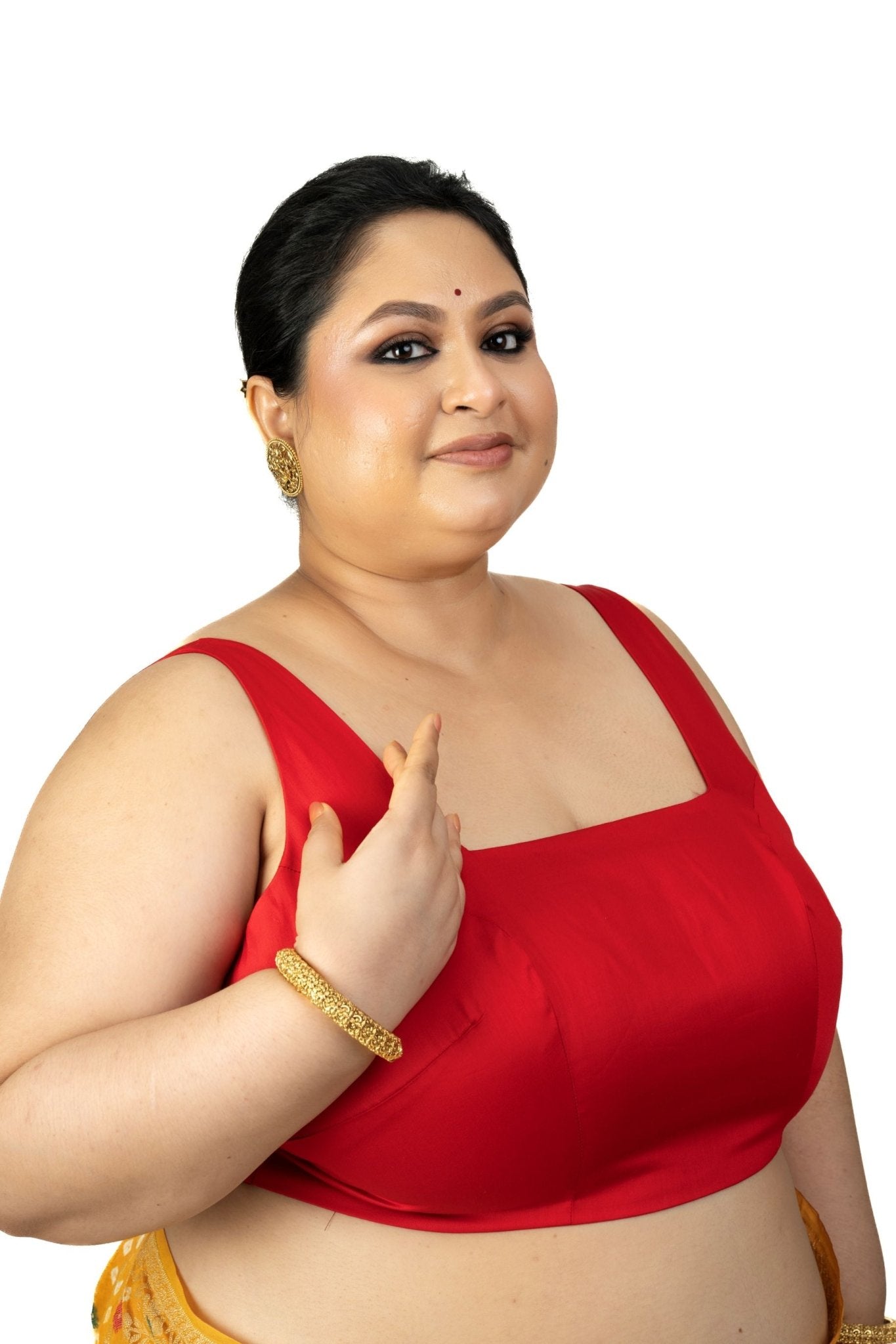 Red Square Neck Sleeveless Cotton Silk Blouse with Back Cutout - Anvi Couture