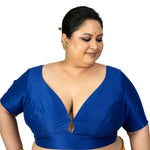 Blue Raw Silk Sweet Heart Neckline Blouse With Elbow Sleeves - Anvi Couture