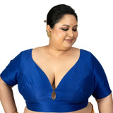 Blue Raw Silk Sweet Heart Neckline Blouse With Elbow Sleeves - Anvi Couture