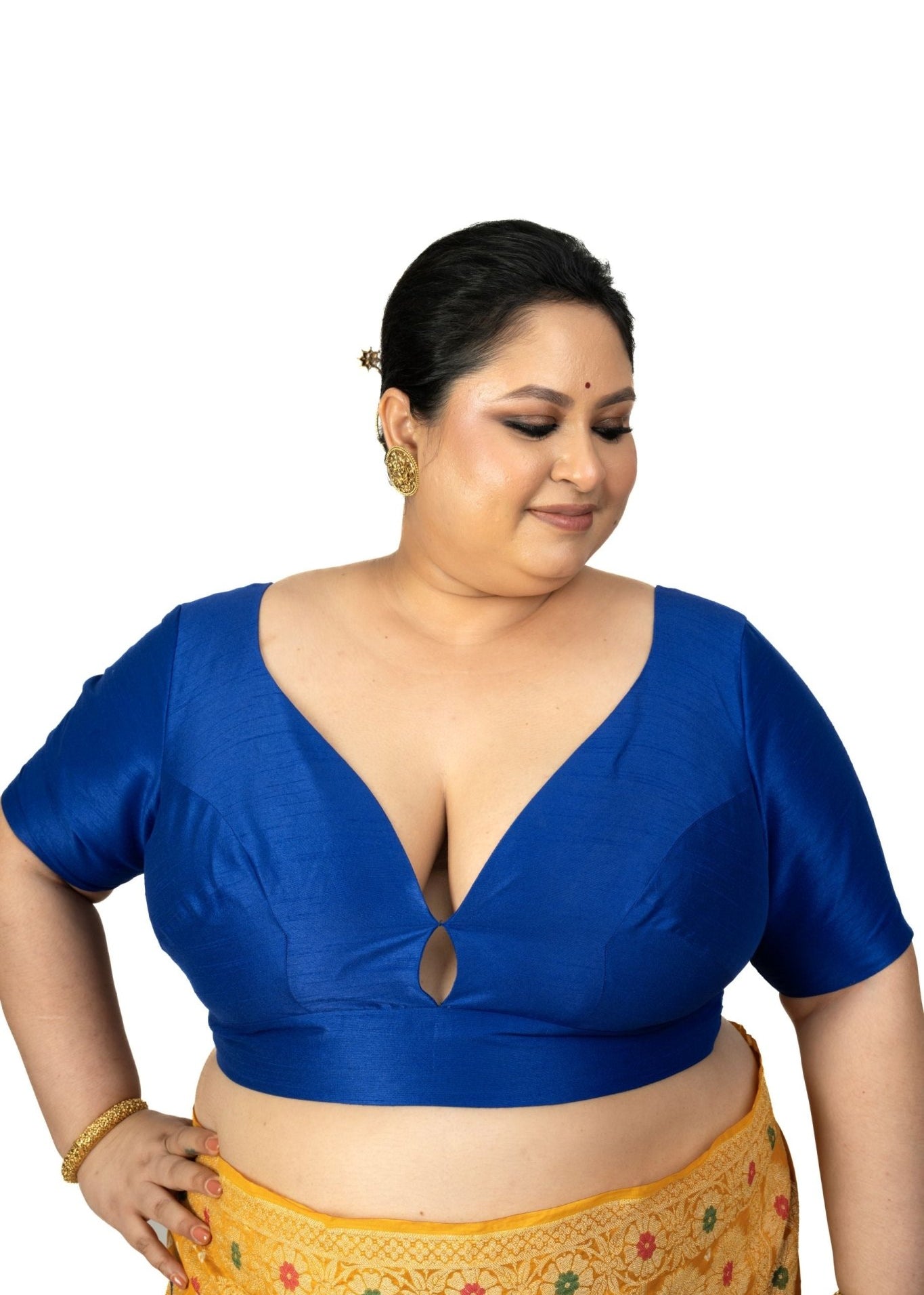 Blue Raw Silk Sweet Heart Neckline Blouse With Elbow Sleeves - Anvi Couture