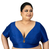 Blue Raw Silk Sweet Heart Neckline Blouse With Elbow Sleeves - Anvi Couture
