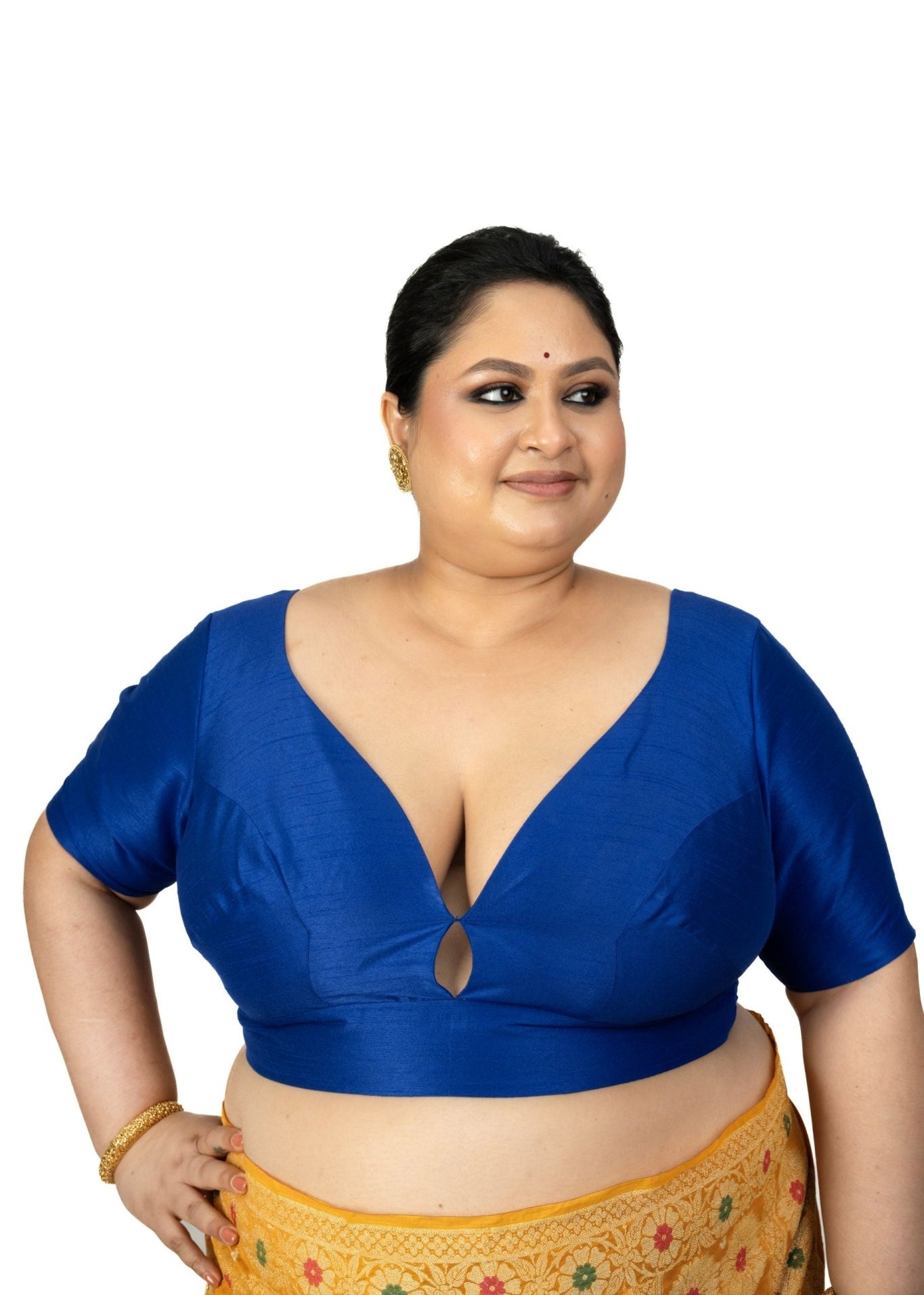 Blue Raw Silk Sweet Heart Neckline Blouse With Elbow Sleeves - Anvi Couture