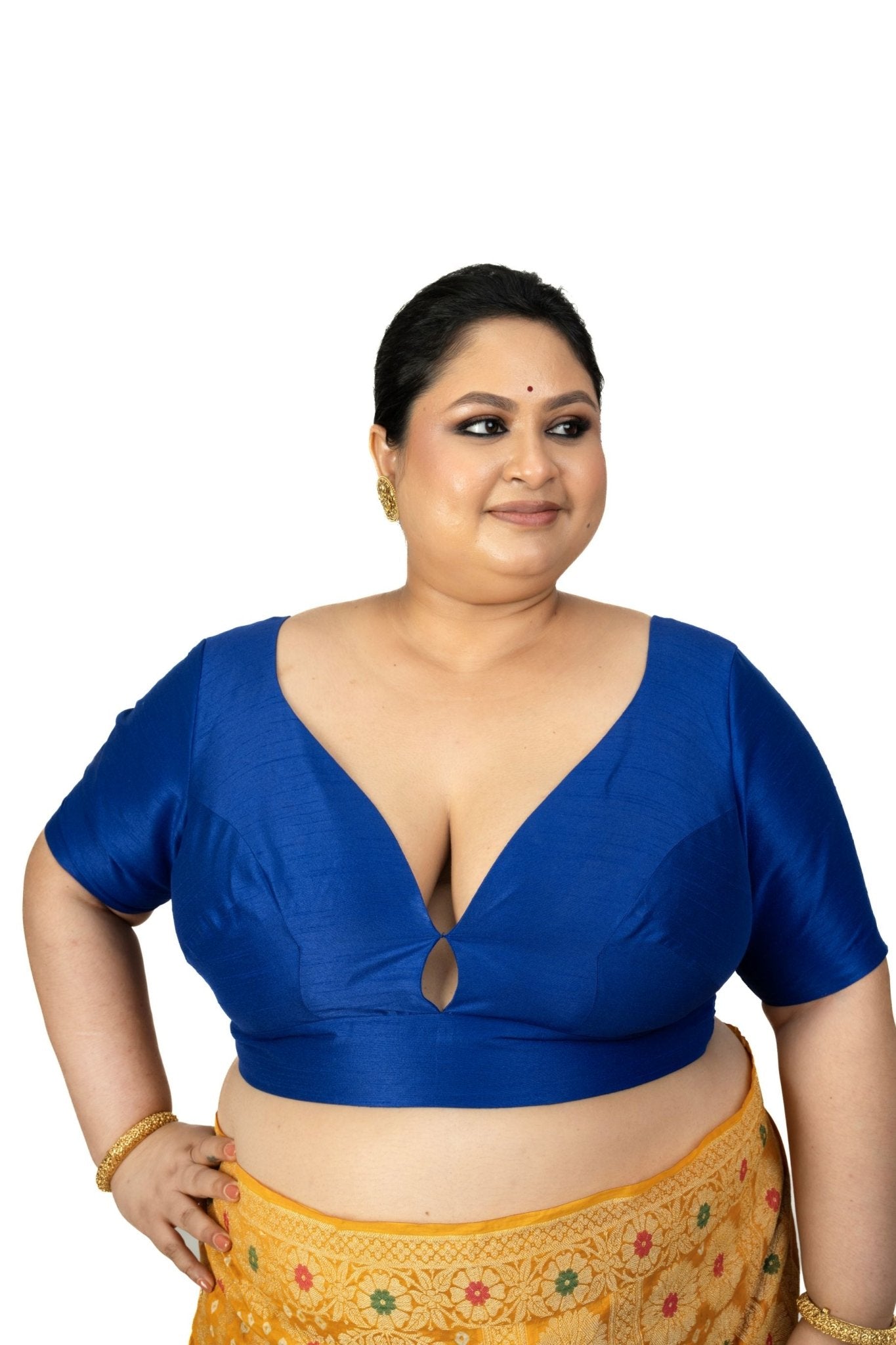 Blue Raw Silk Sweet Heart Neckline Blouse With Elbow Sleeves - Anvi Couture