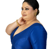 Blue Raw Silk Sweet Heart Neckline Blouse With Elbow Sleeves - Anvi Couture