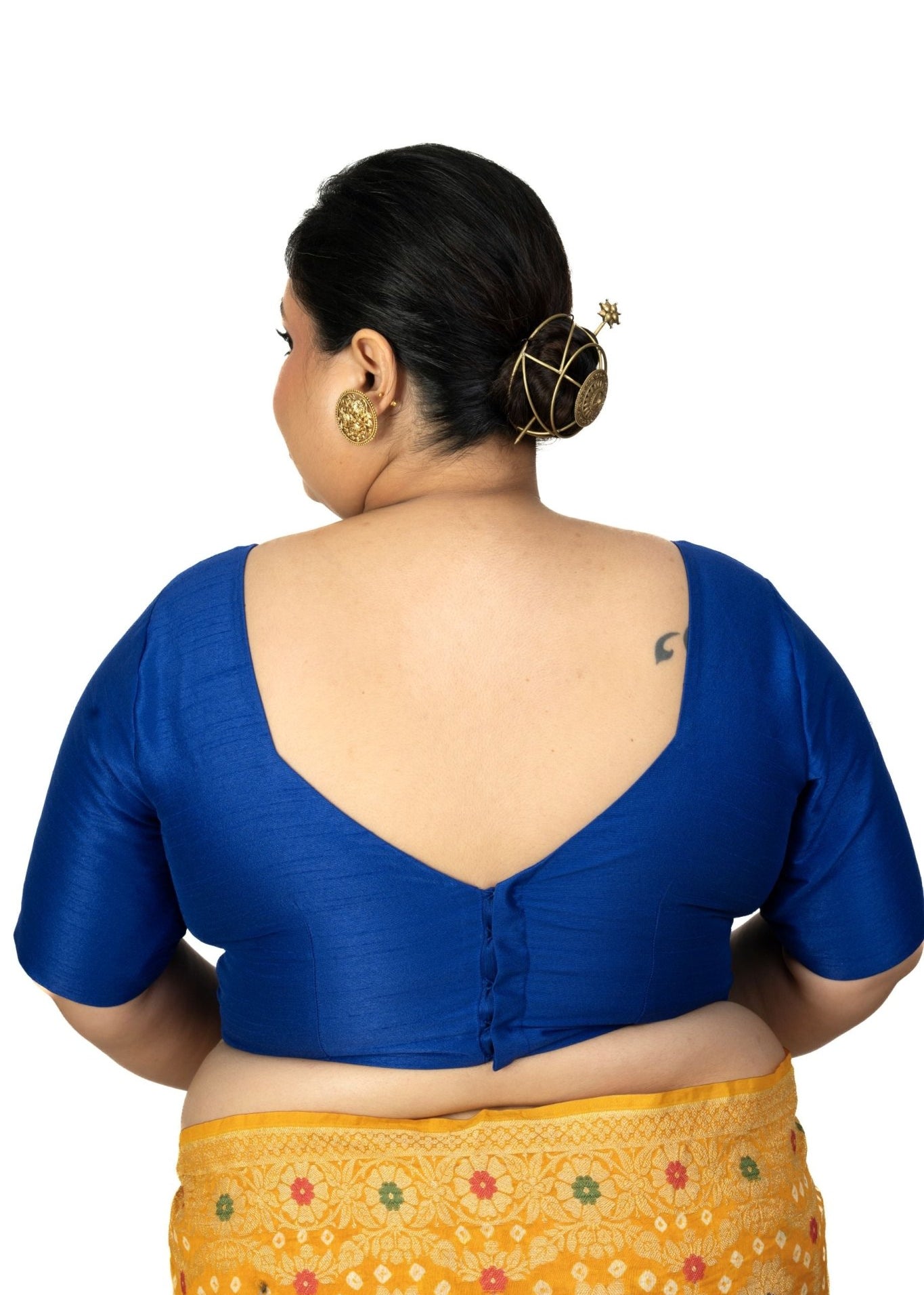 Blue Raw Silk Sweet Heart Neckline Blouse With Elbow Sleeves - Anvi Couture