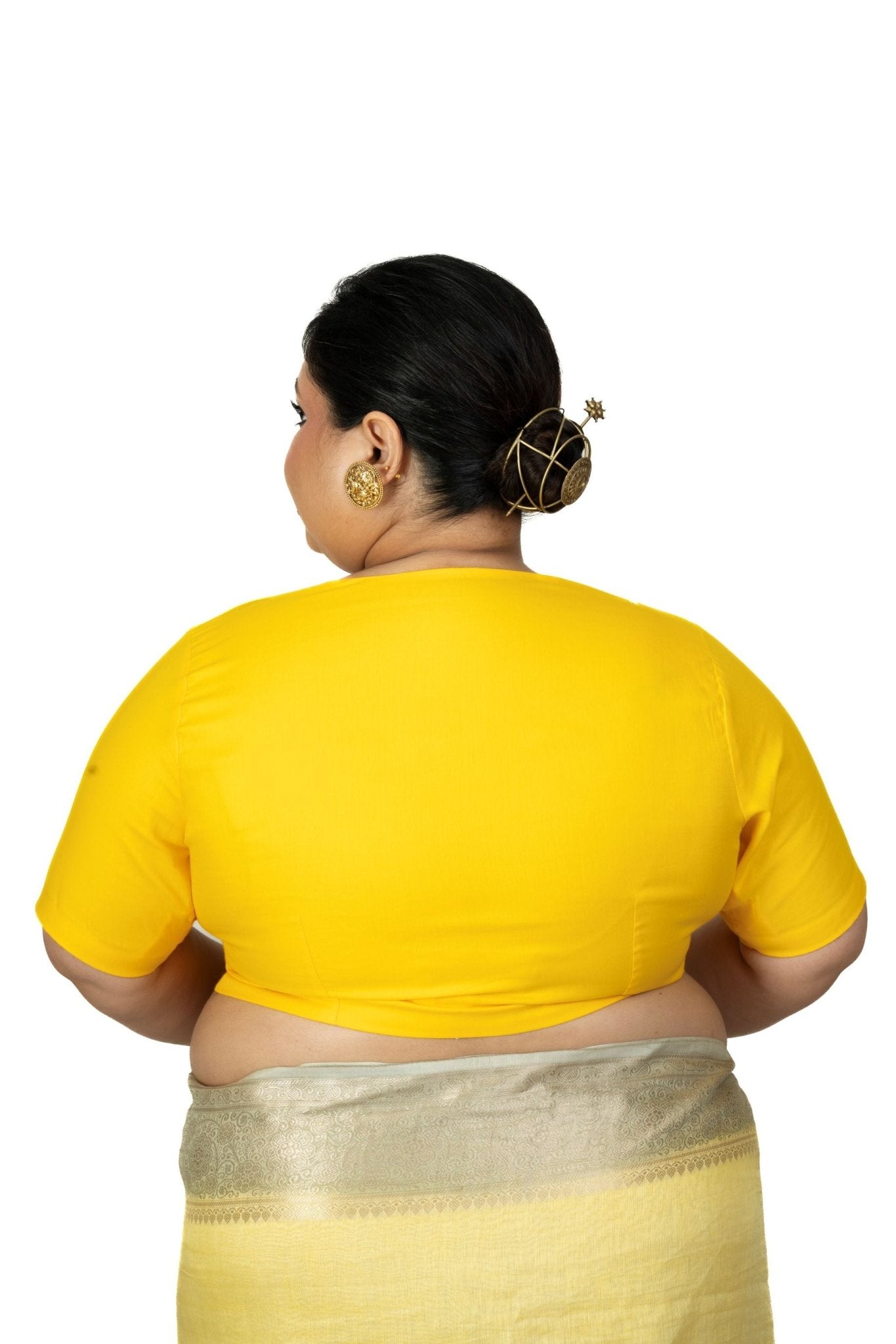 Yellow Plus Size Saree Blouse with V neckline - Anvi Couture