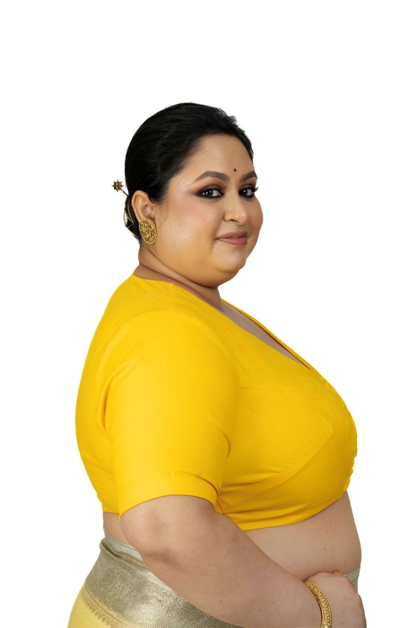 Yellow Plus Size Saree Blouse with V neckline - Anvi Couture