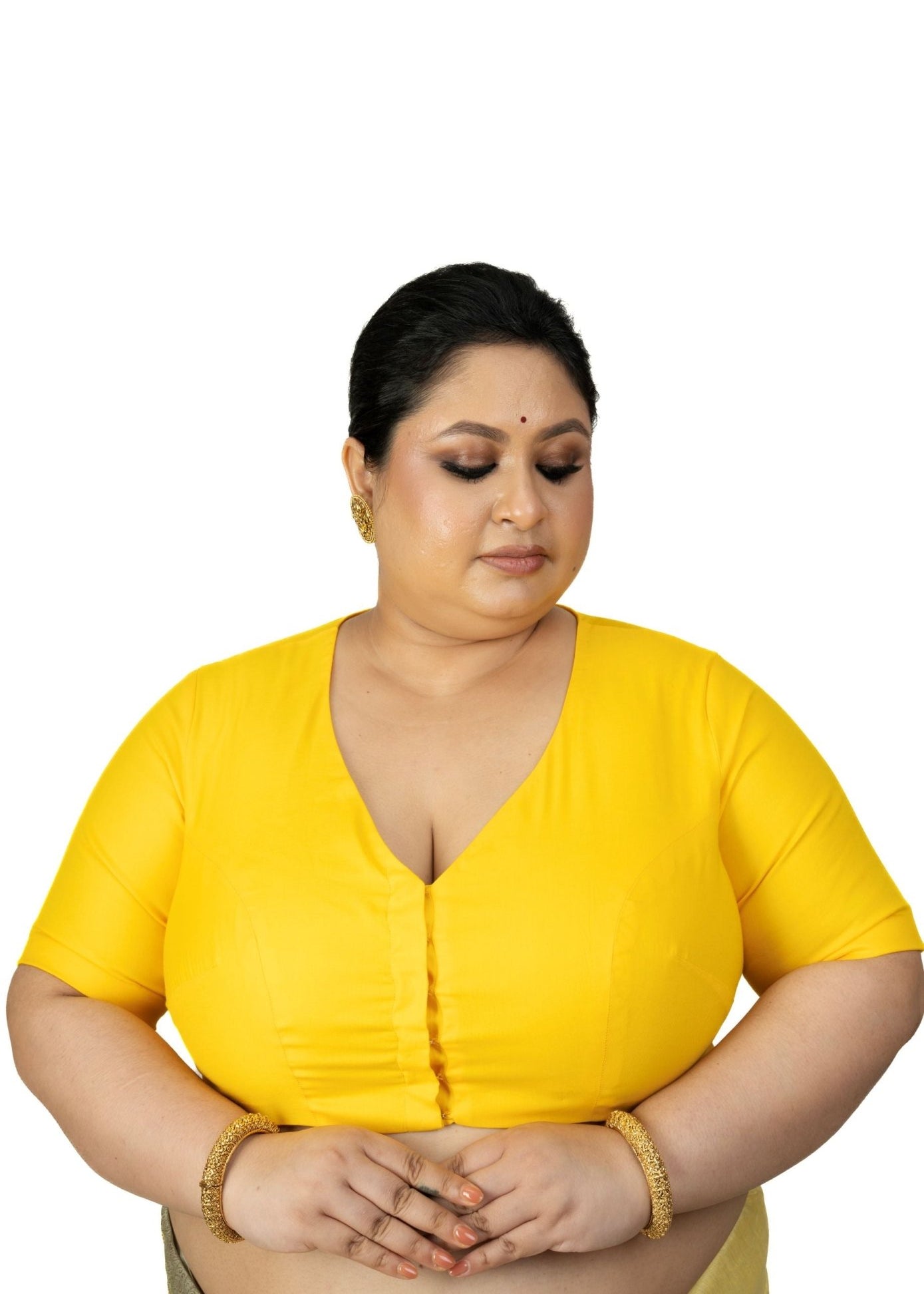 Yellow Plus Size Saree Blouse with V neckline - Anvi Couture