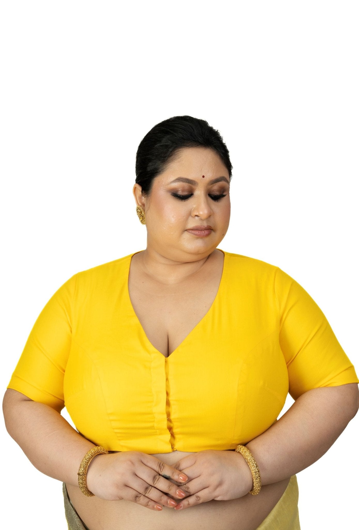 Yellow Plus Size Saree Blouse with V neckline - Anvi Couture