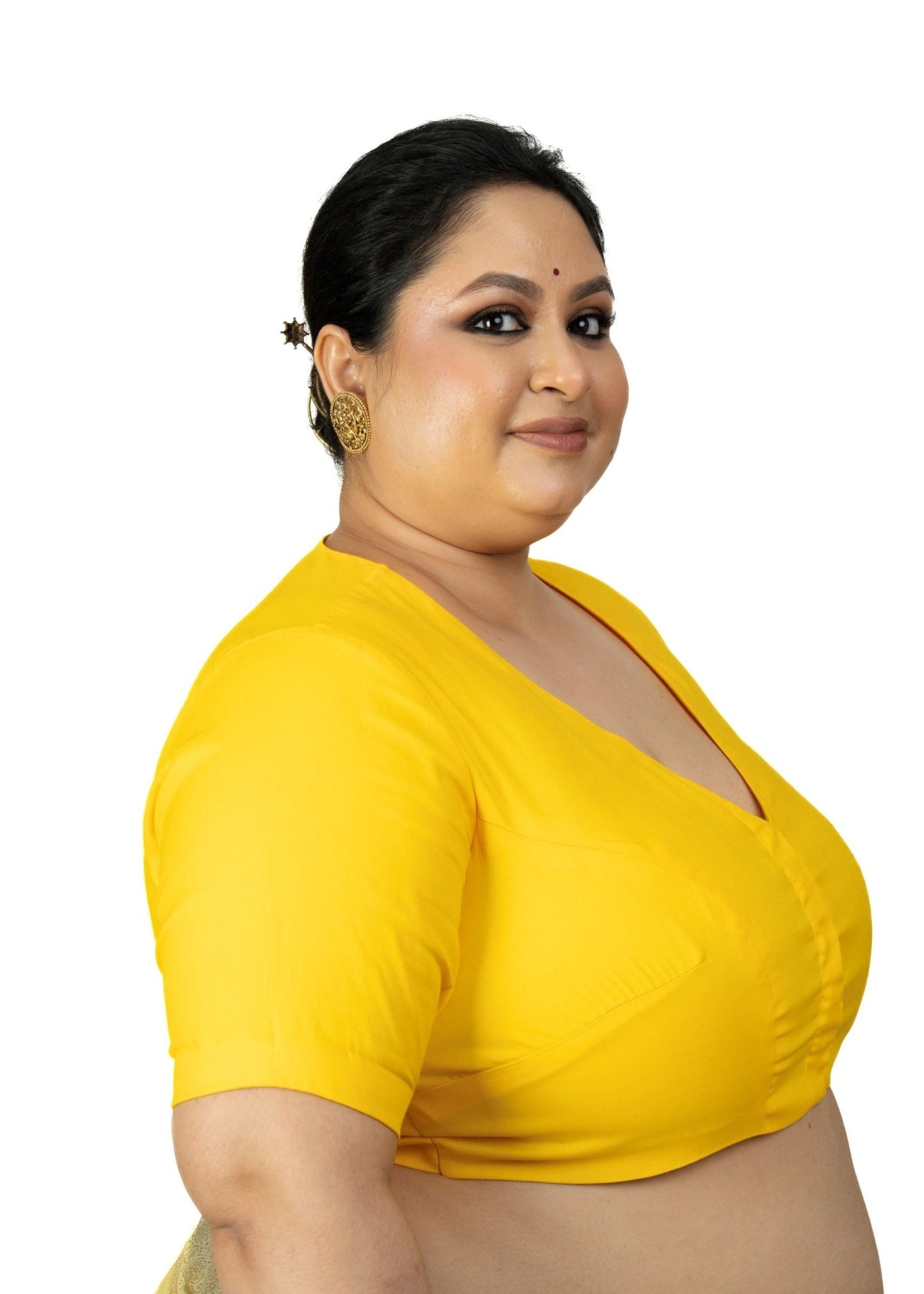 Yellow Plus Size Saree Blouse with V neckline - Anvi Couture