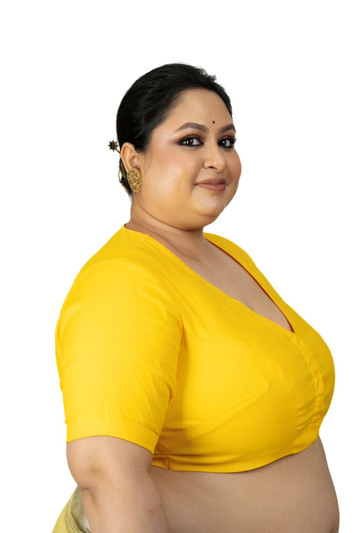 Yellow Plus Size Saree Blouse with V neckline - Anvi Couture