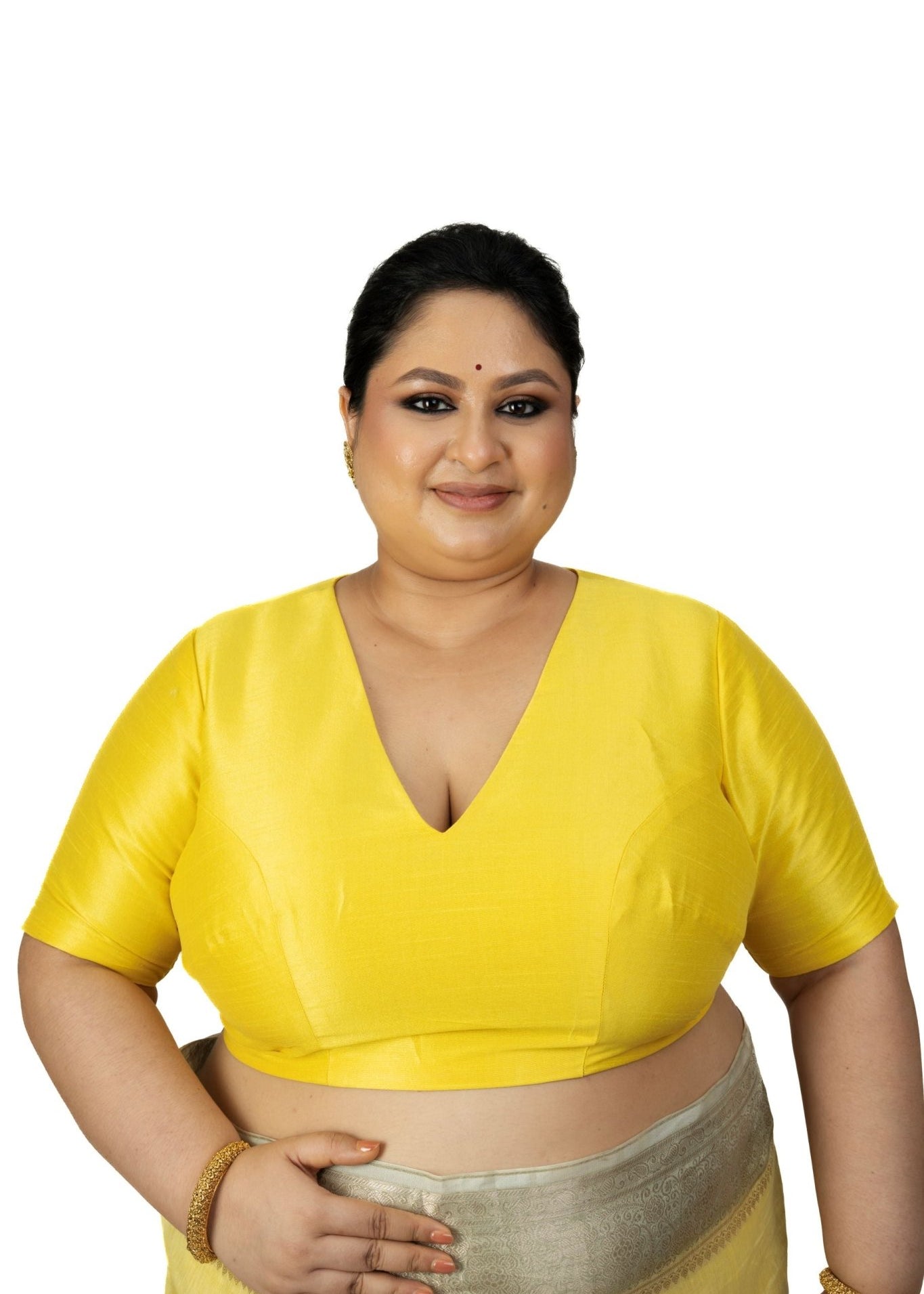 Butter Yellow Raw Silk Plus Size Blouse With Elbow Sleeves - Anvi Couture