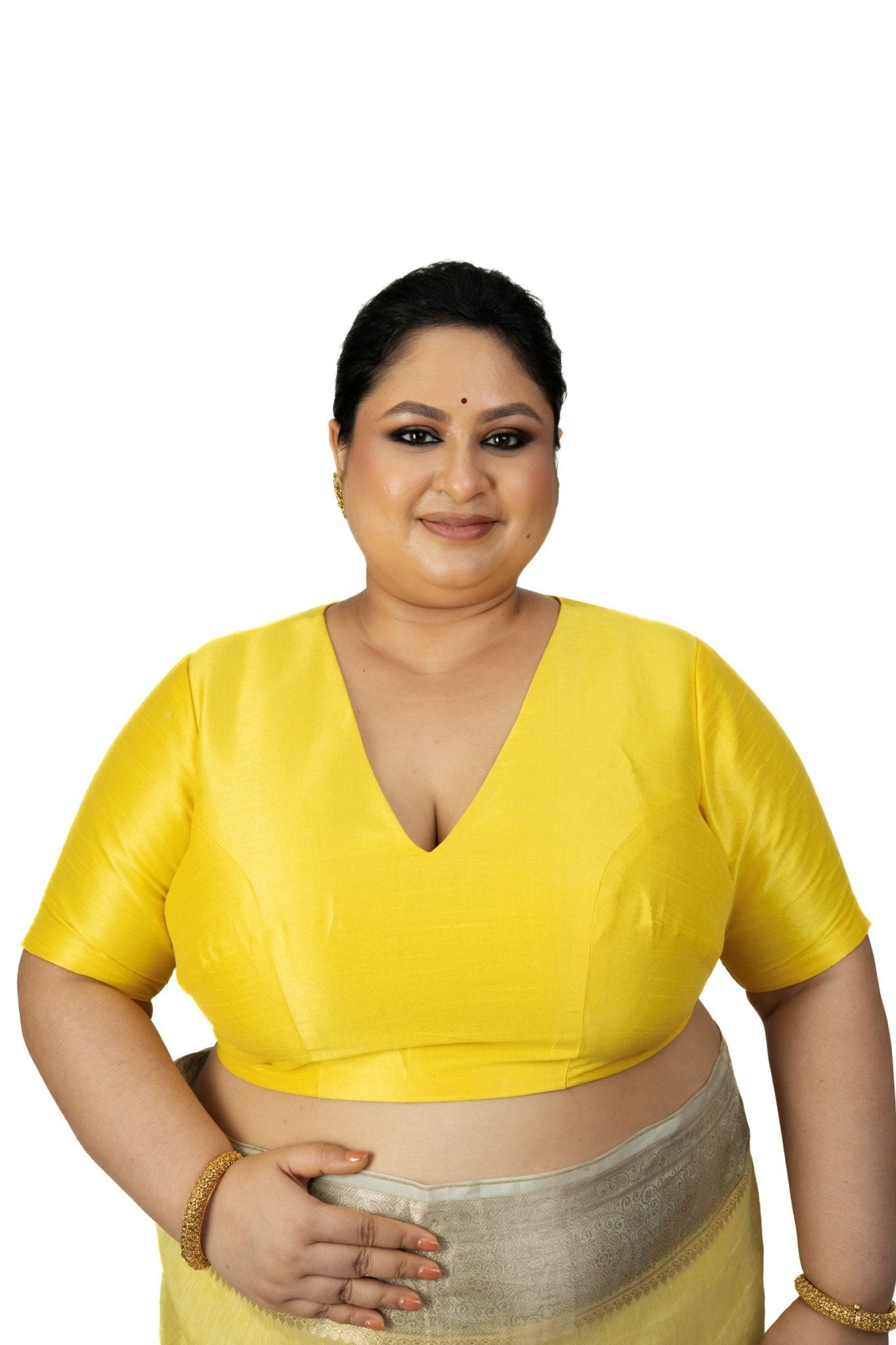 Butter Yellow Raw Silk Plus Size Blouse With Elbow Sleeves - Anvi Couture