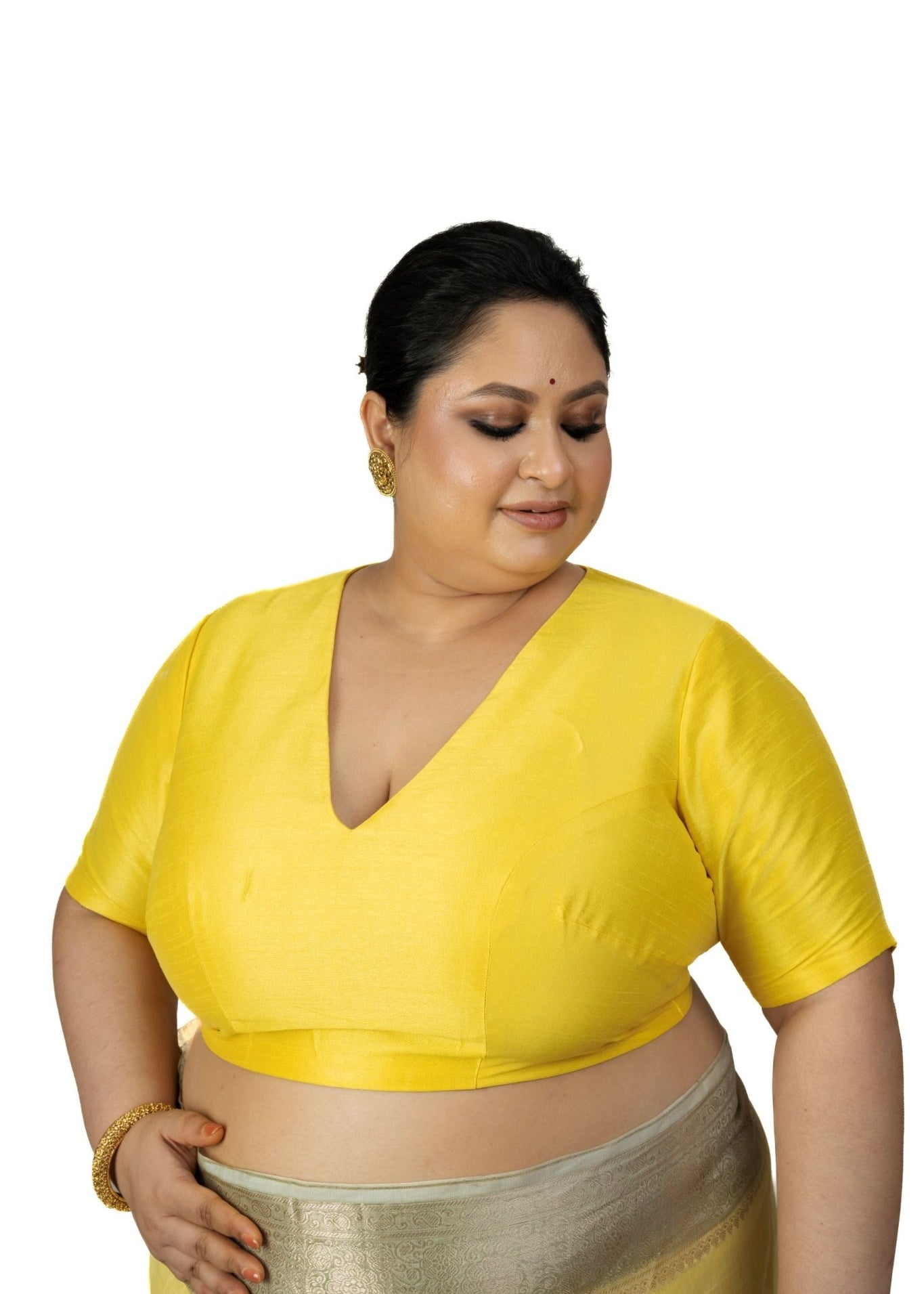 Butter Yellow Raw Silk Plus Size Blouse With Elbow Sleeves - Anvi Couture