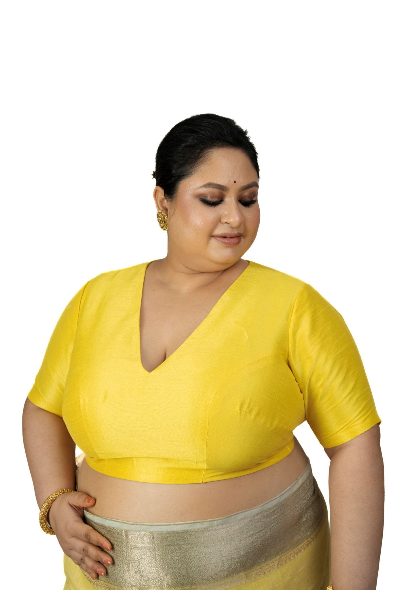 Butter Yellow Raw Silk Plus Size Blouse With Elbow Sleeves - Anvi Couture