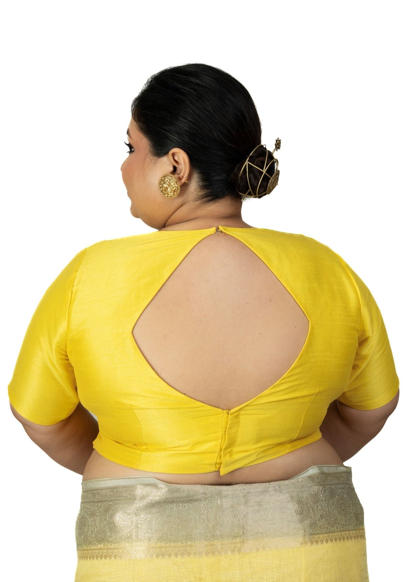 Butter Yellow Raw Silk Plus Size Blouse With Elbow Sleeves - Anvi Couture