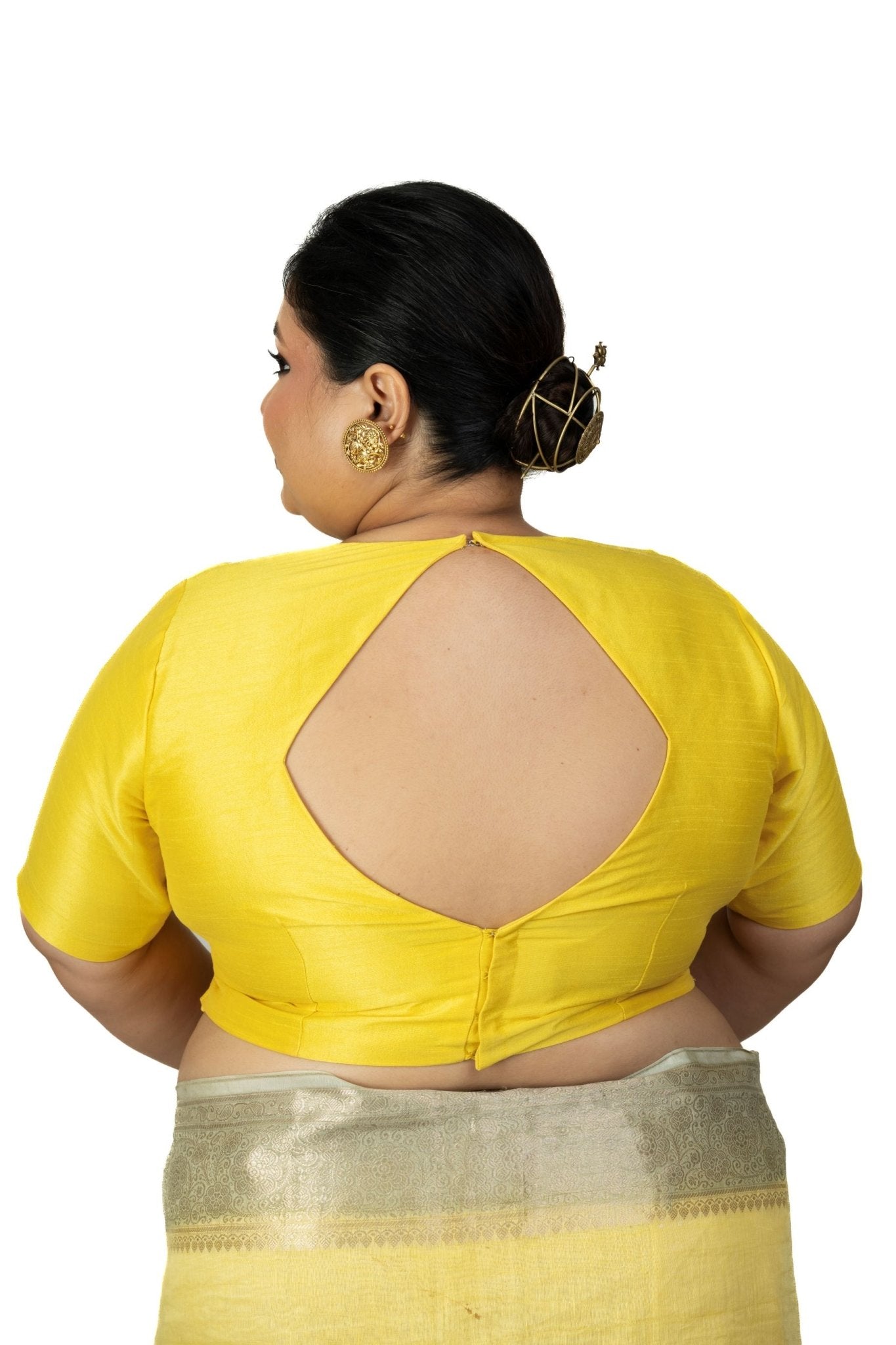 Butter Yellow Raw Silk Plus Size Blouse With Elbow Sleeves - Anvi Couture