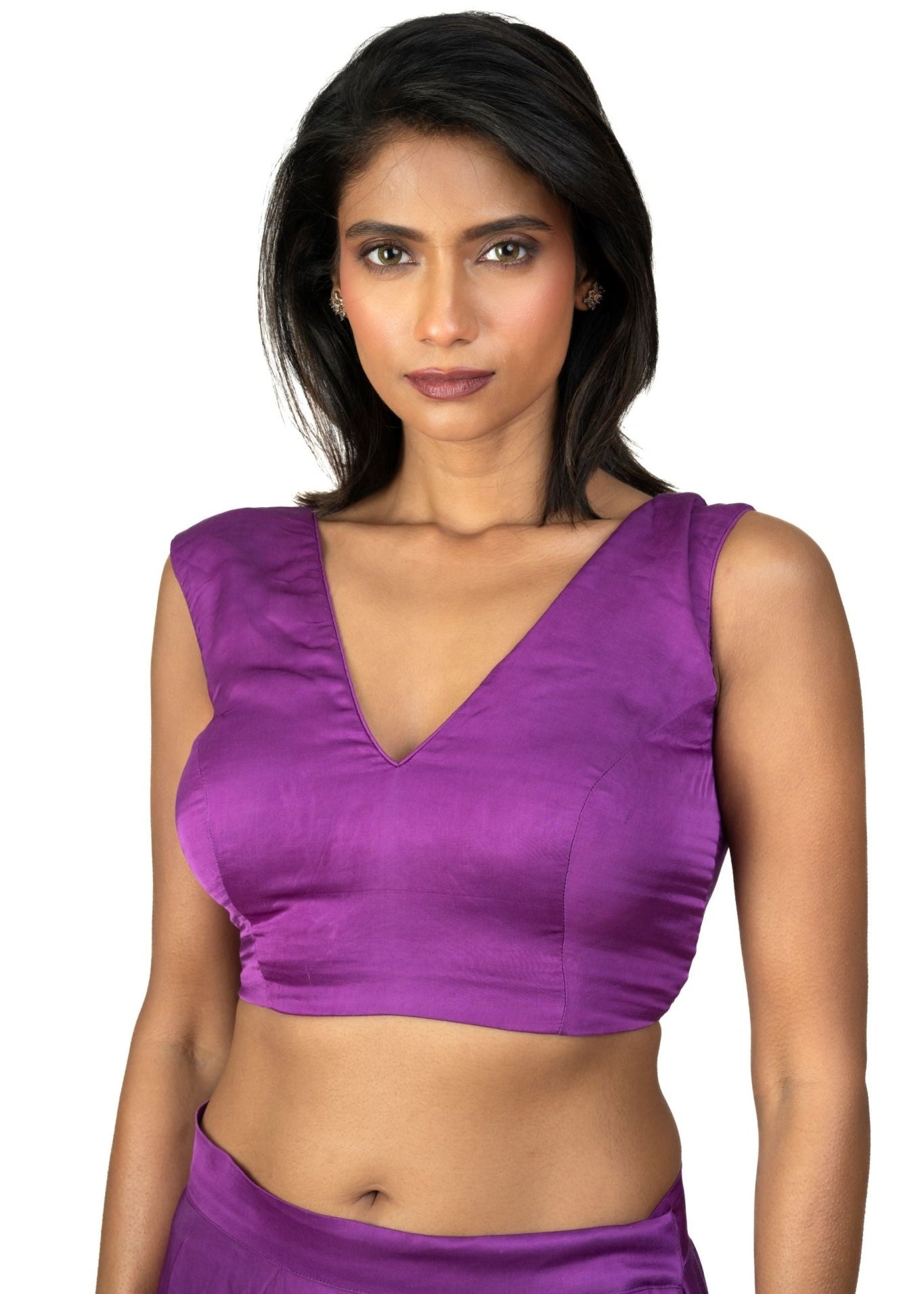 Purple V Neck Sleeveless Saree Blouse - Anvi Couture