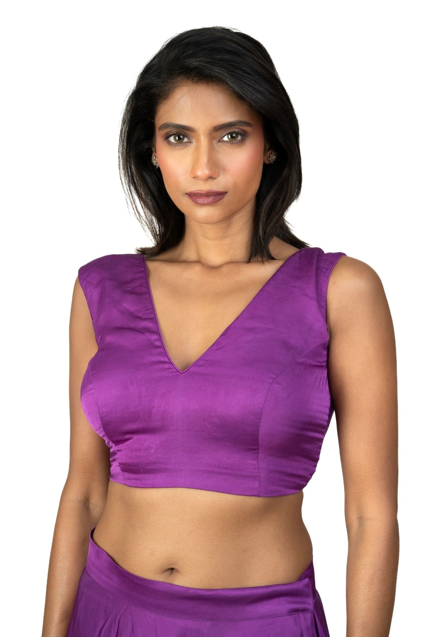 Purple V Neck Sleeveless Saree Blouse - Anvi Couture