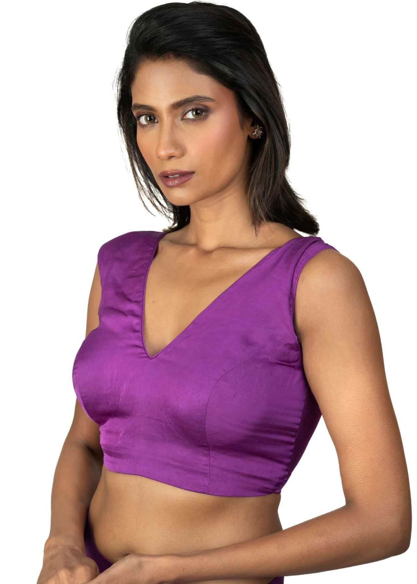 Purple V Neck Sleeveless Saree Blouse - Anvi Couture