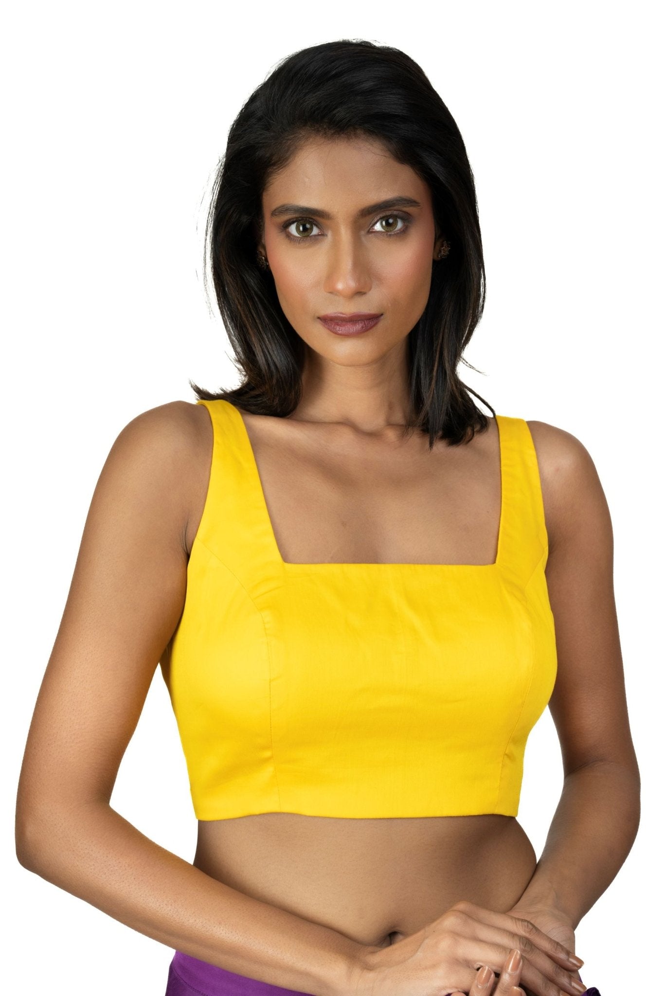 Yellow Sleeveless Square Neckline Saree Blouse - Anvi Couture
