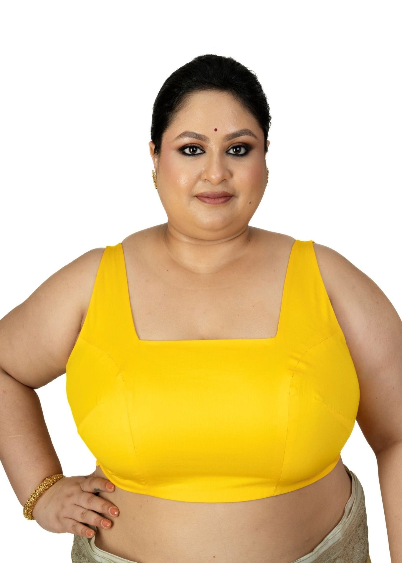 Yellow Sleeveless Plus Size Square Neckline Saree Blouse - Anvi Couture