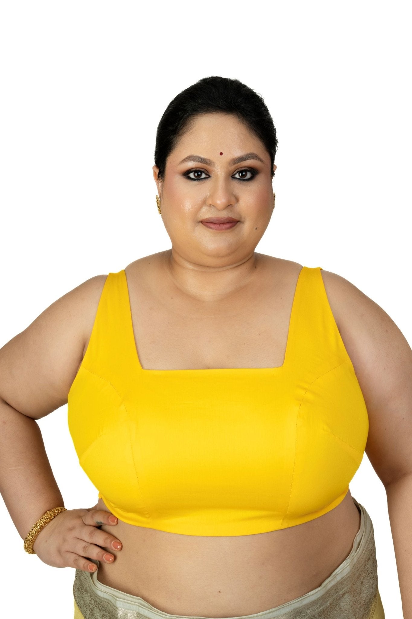 Yellow Sleeveless Plus Size Square Neckline Saree Blouse - Anvi Couture