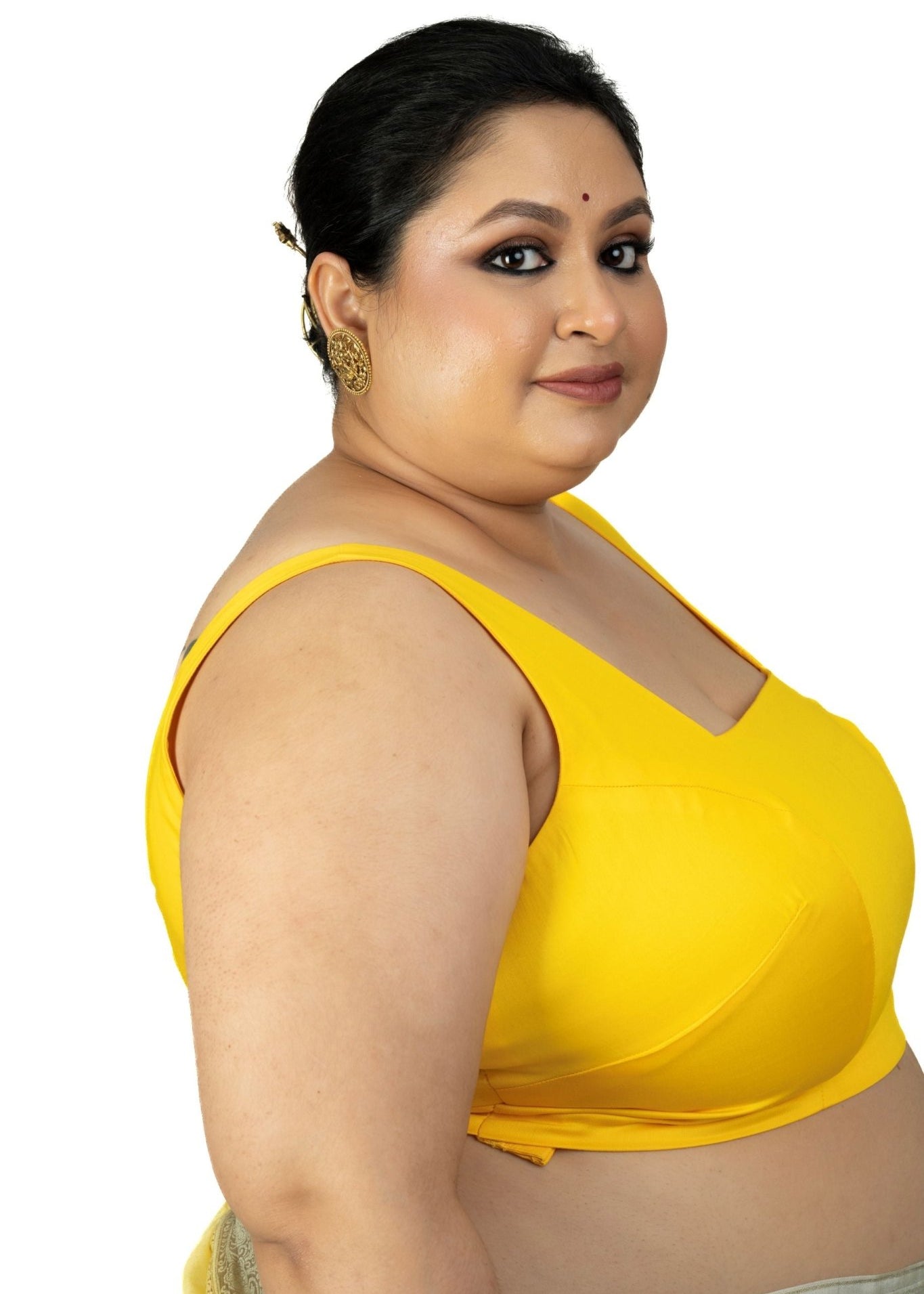 Yellow Sleeveless Plus Size Square Neckline Saree Blouse - Anvi Couture