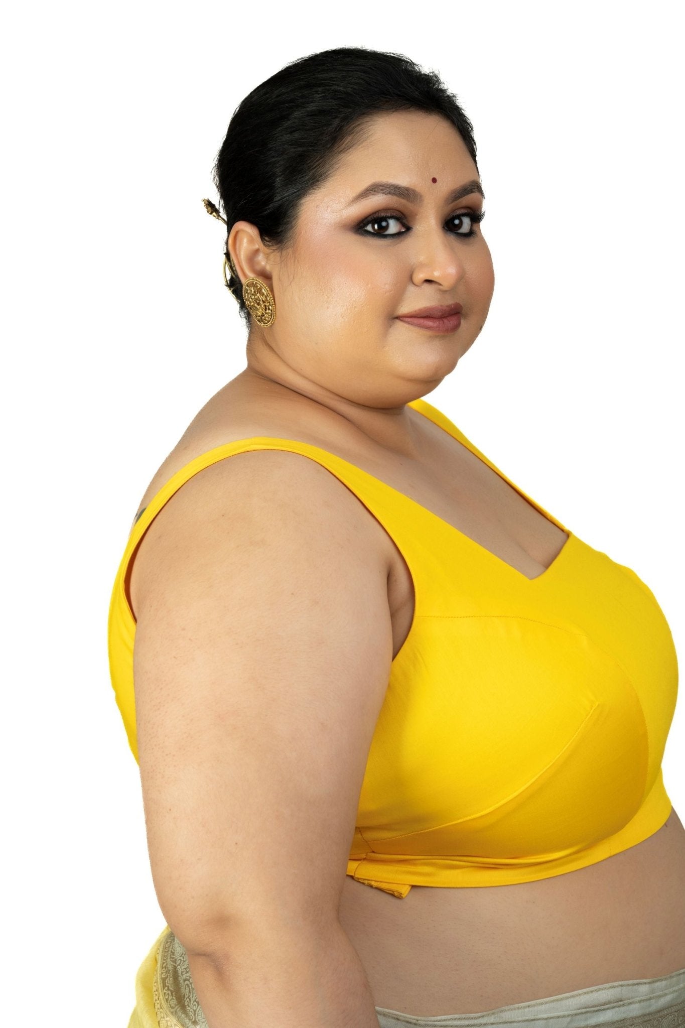 Yellow Sleeveless Plus Size Square Neckline Saree Blouse - Anvi Couture