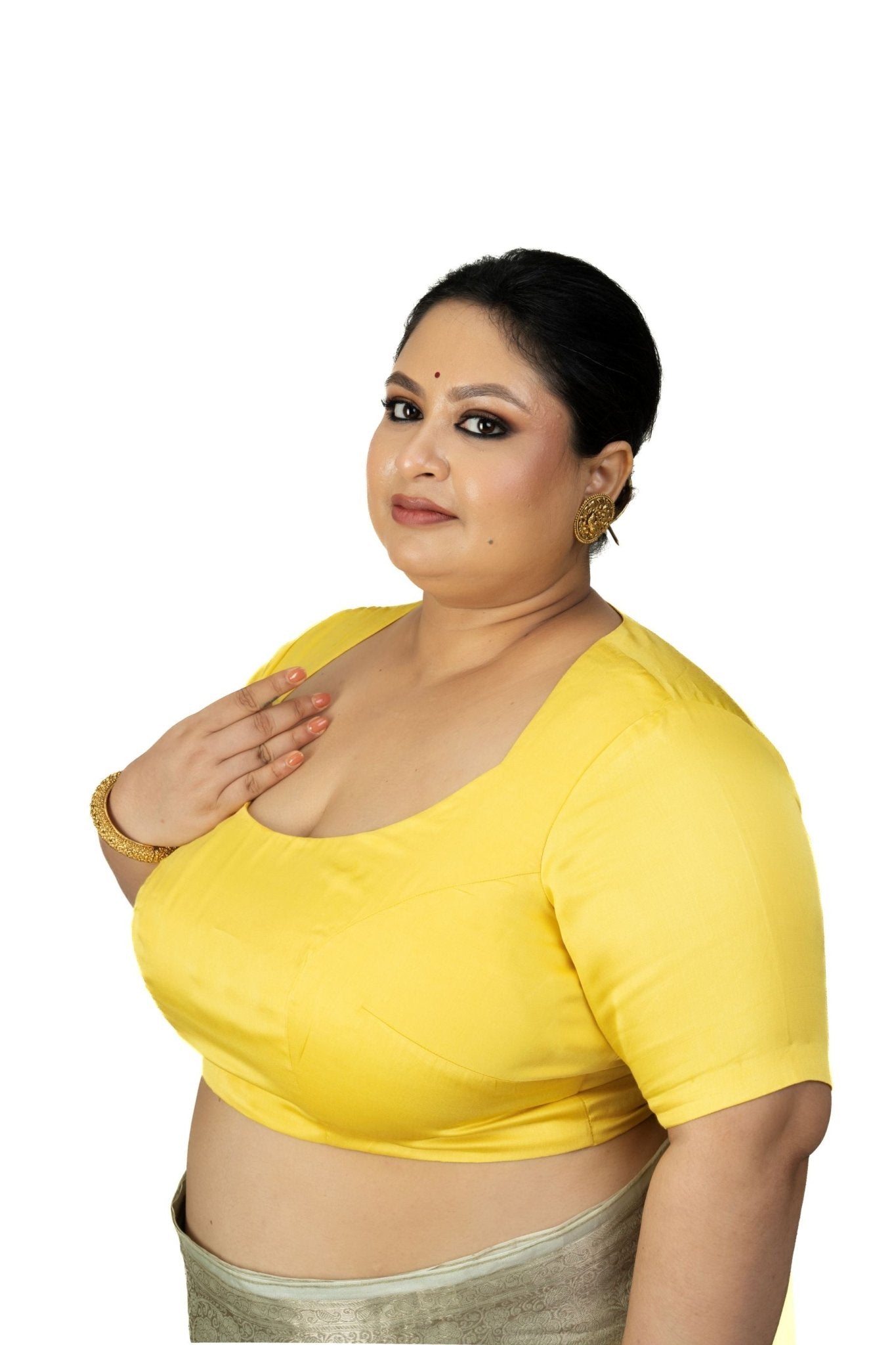 Yellow Sleeveless Plus Size U Neckline Saree Blouse - image 2