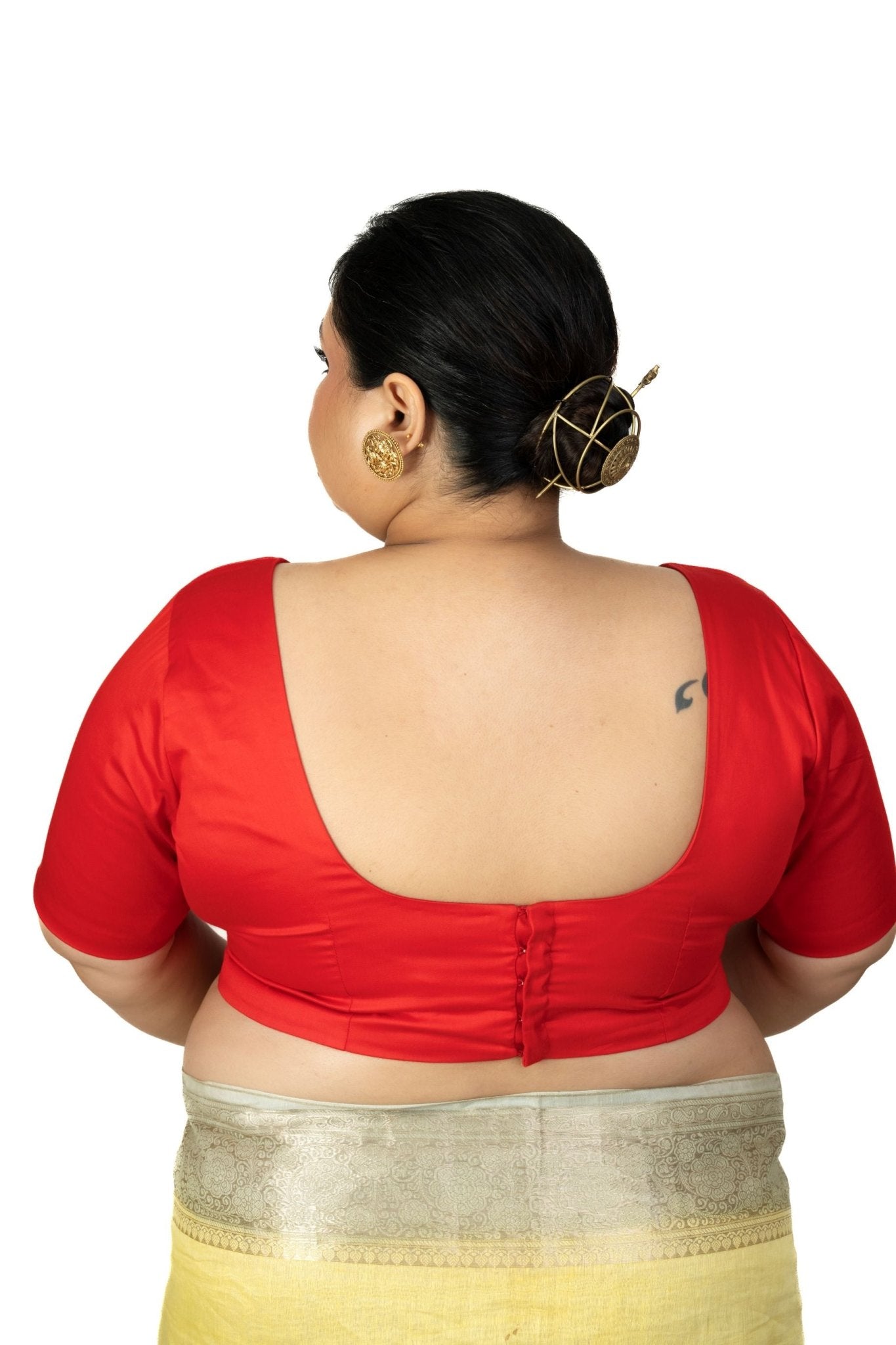 Red Plus Size Saree Blouse with U Neckline and Elbow Sleeves -image 4