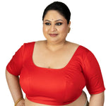 Red Plus Size Saree Blouse with U Neckline and Elbow Sleeves - Anvi Couture