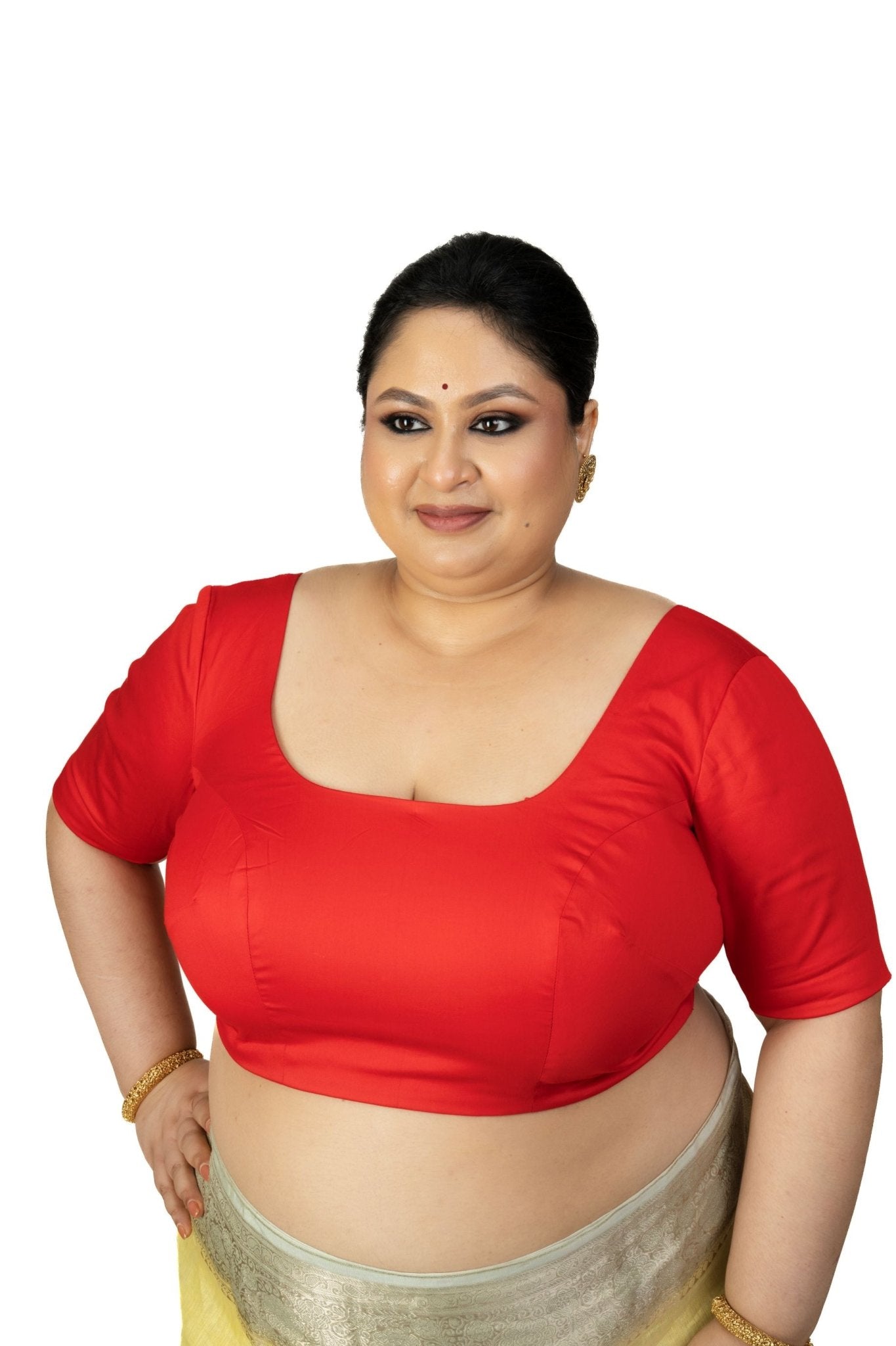 Red Plus Size Saree Blouse with U Neckline and Elbow Sleeves -image 1