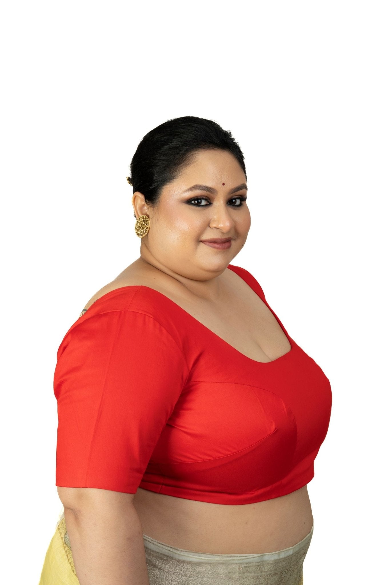 Red Plus Size Saree Blouse with U Neckline and Elbow Sleeves -image 3