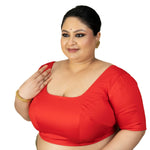 Red Plus Size Saree Blouse with U Neckline and Elbow Sleeves - Anvi Couture