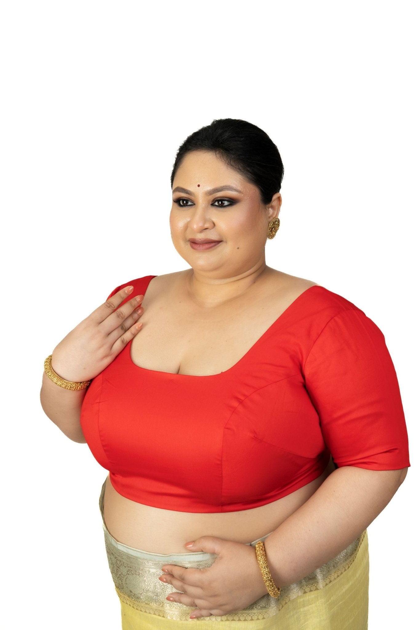 Red Plus Size Saree Blouse with U Neckline and Elbow Sleeves -image 2