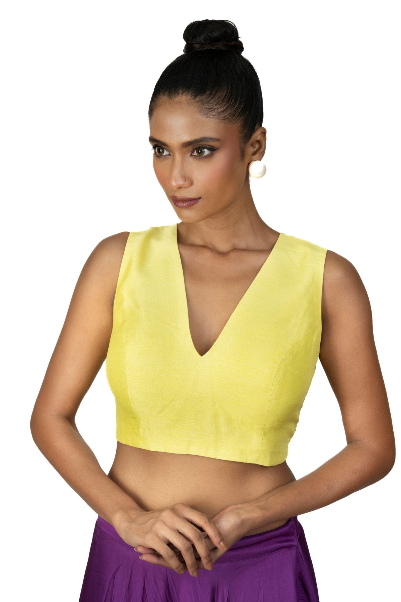 Yellow V Neck Sleeveless Blouse in Raw Silk - Anvi Couture