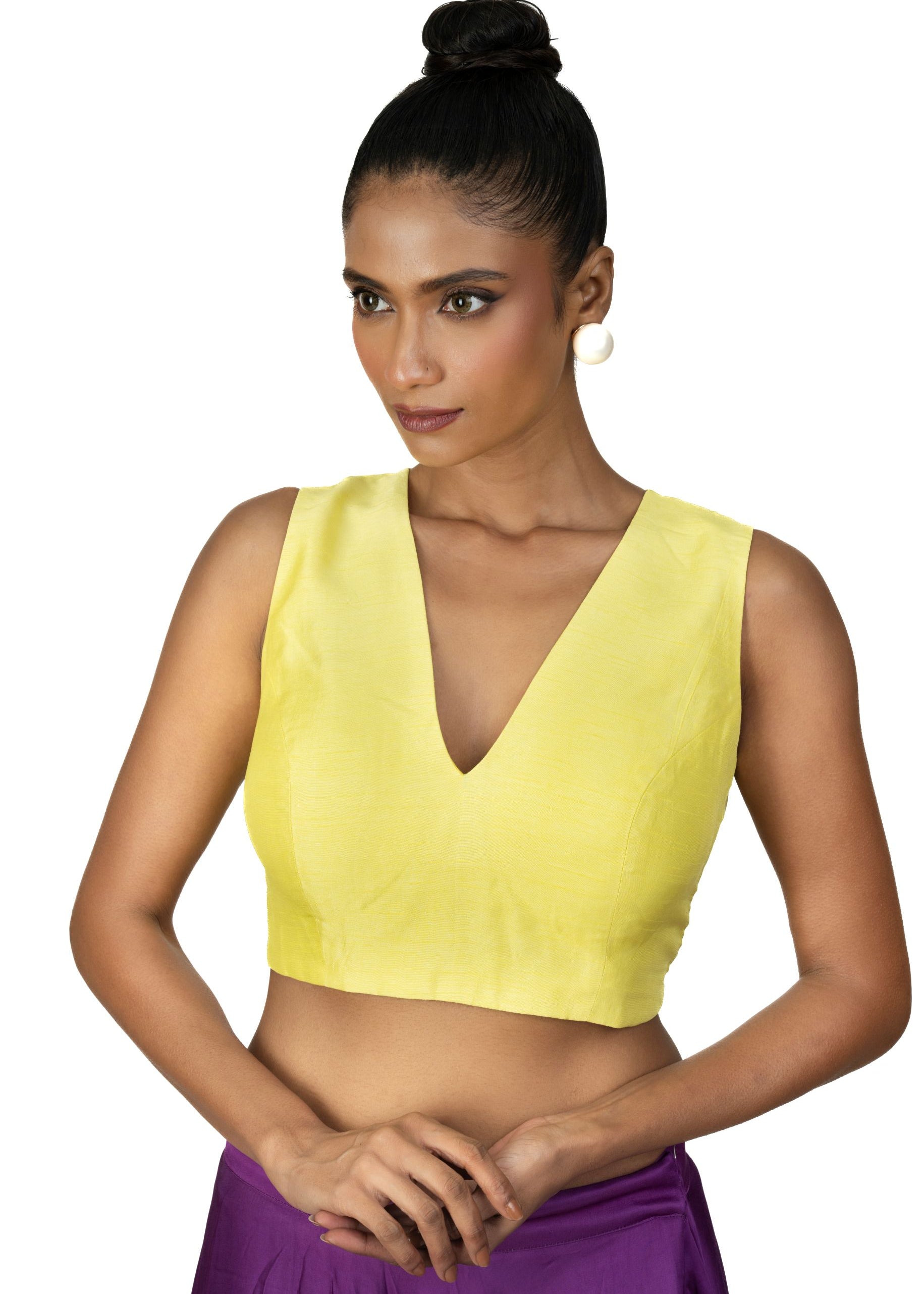 Yellow V Neck Sleeveless Blouse in Raw Silk - image 1