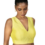 Yellow V Neck Sleeveless Blouse in Raw Silk - image 2