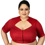 Maroon Diamond Neck Plus Size Saree Blouse with Elbow Sleeves - Anvi Couture