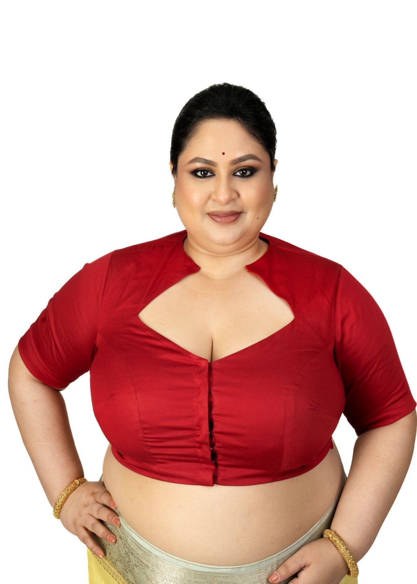 Maroon Diamond Neck Plus Size Saree Blouse with Elbow Sleeves - Anvi Couture