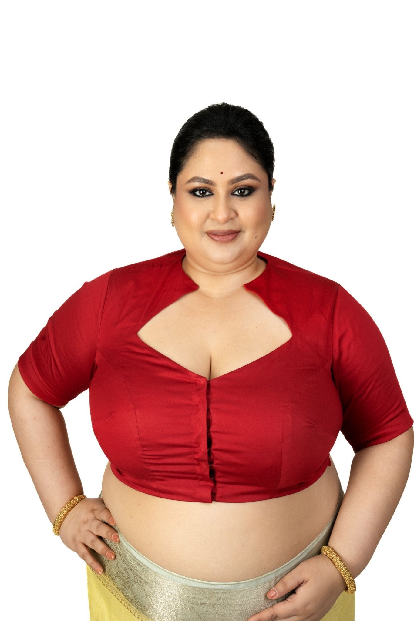 Maroon Diamond Neck Plus Size Saree Blouse with Elbow Sleeves - image 1